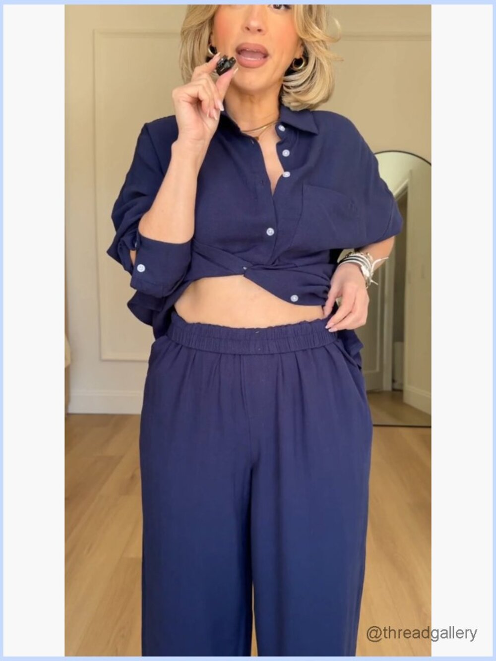 Women's Linen 2 Piece Lounge Set - Button Down Shirt & Wide Leg Pants - Picture 6 of 7